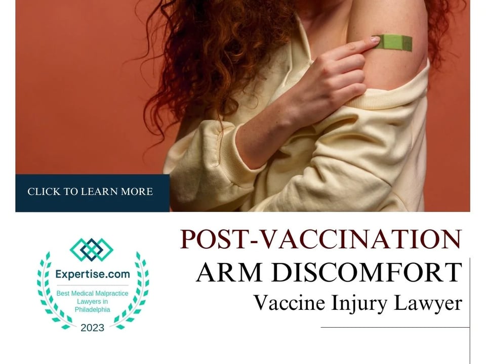 Blog featured image of a woman with green bandaid in her shoulder and a caption that says “Post-Vaccination Arm Discomfort