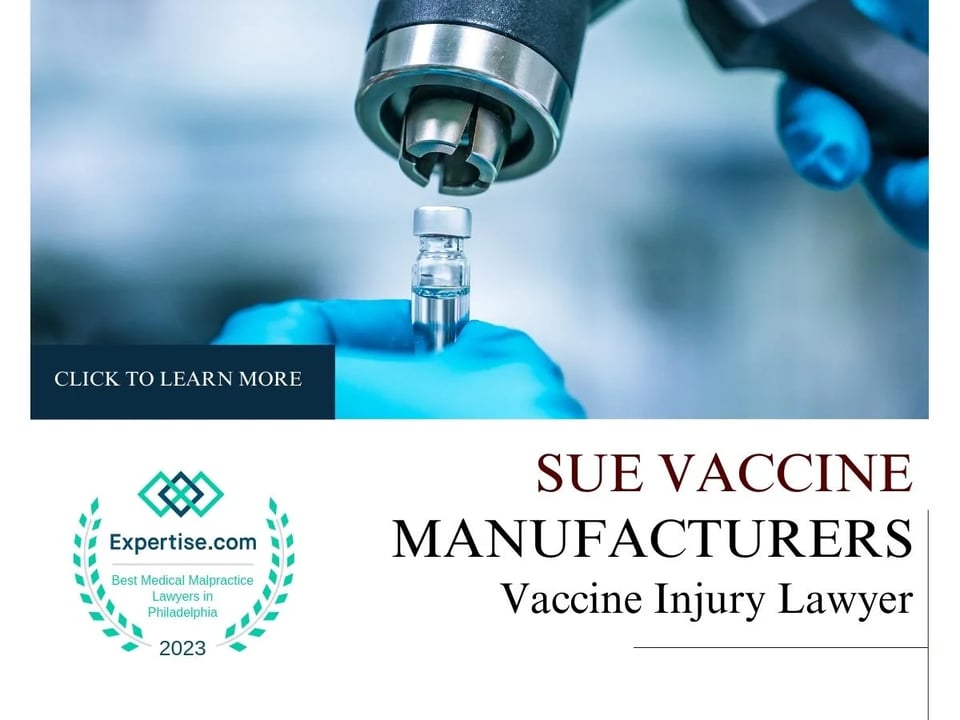 Blog featured image of a person wearing blue gloves holding a vial and a caption that says “Sue Vaccine Manufacturers