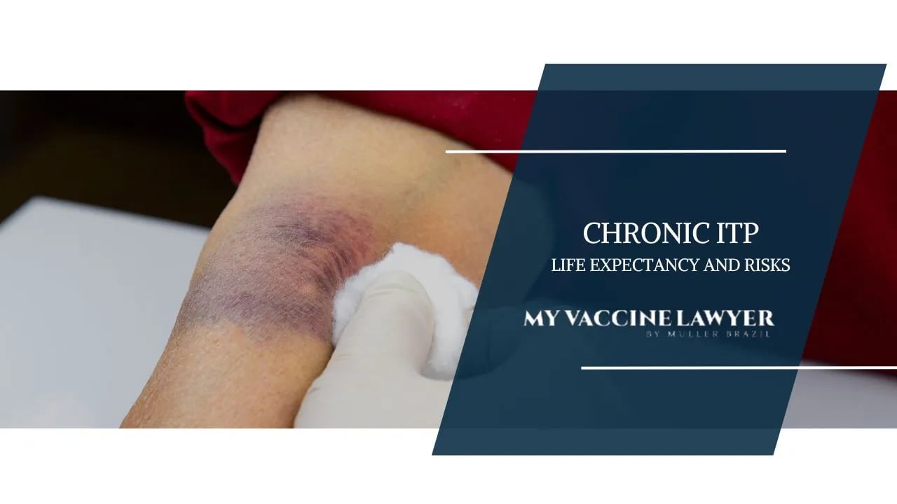 Blog featured image of bruise on arm from idiopathic thrombocytopenic purpura and caption that says chronic ITP life Expectancy and risks