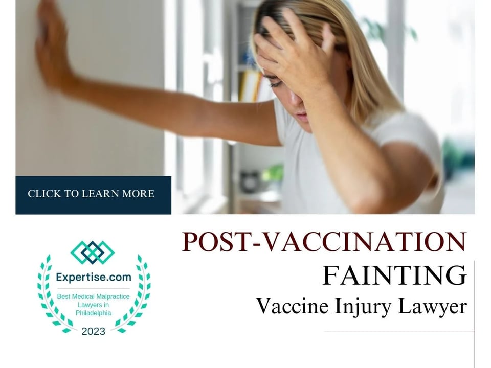 Blog featured image of a woman holding her forehead with a blurry background and a caption that says “post-vaccination fainting