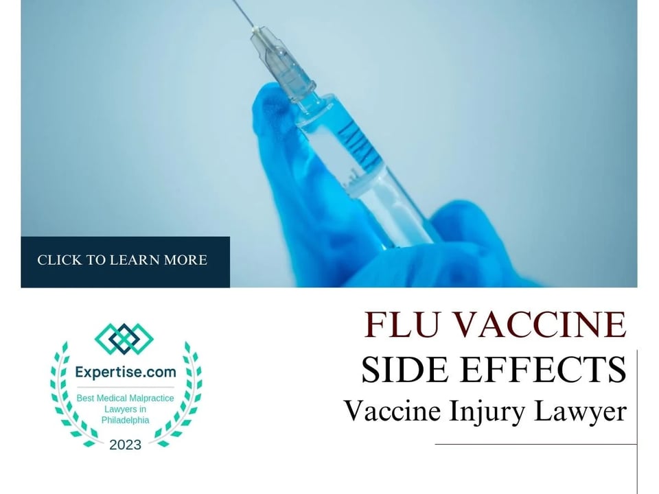 Blog featured image of a person in a blue glove holding a syringe and a caption that says “Flu Vaccine Side Effects