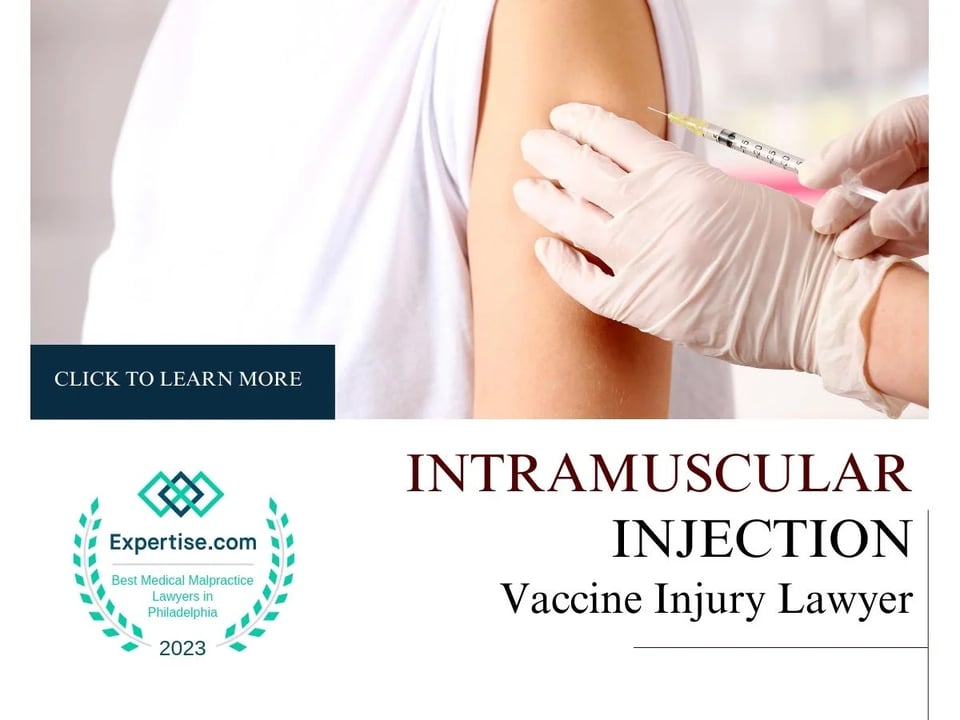 Blog featured image of a person wearing white getting vaccinated and a caption that says “Intramuscular Injection