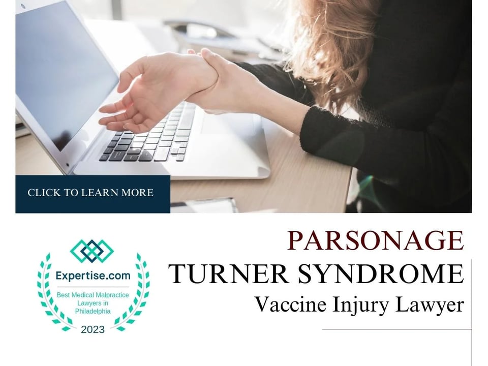 Blog featured image of a woman holding her wrist above a laptop and a caption that says “What is Parsonage-Turner Syndrome