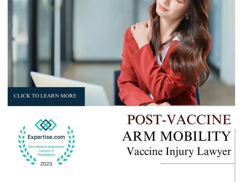Blog featured image of a woman in a red shirt holding her neck and a caption that says “Post-Vaccine Arm Mobility