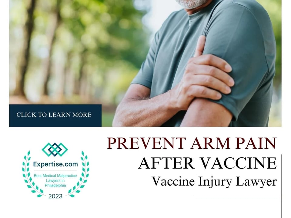 Blog featured image of a man holding his right shoulder and a caption that says “prevent arm pain after vaccine