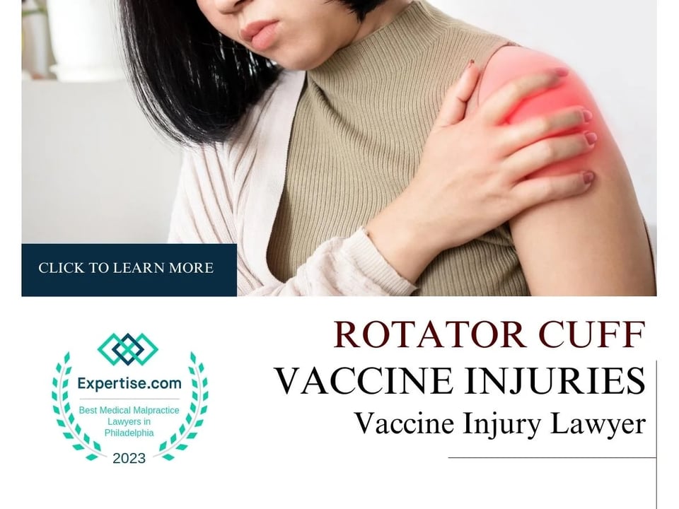 Blog featured image of a woman in a sweater holding her shoulder and a caption that says “Rotator Cuff vaccine Injuries