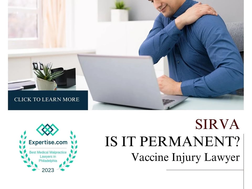 Blog featured image of a man with a laptop with his arm on his shoulder and a caption that says “SIRVA Is it permanent?