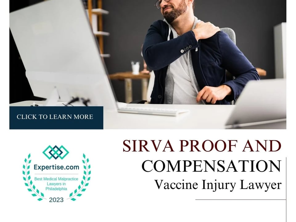 Blog featured image of a man in a suit sitting while holding his neck and a caption that says “SIRVA Proof and compensation