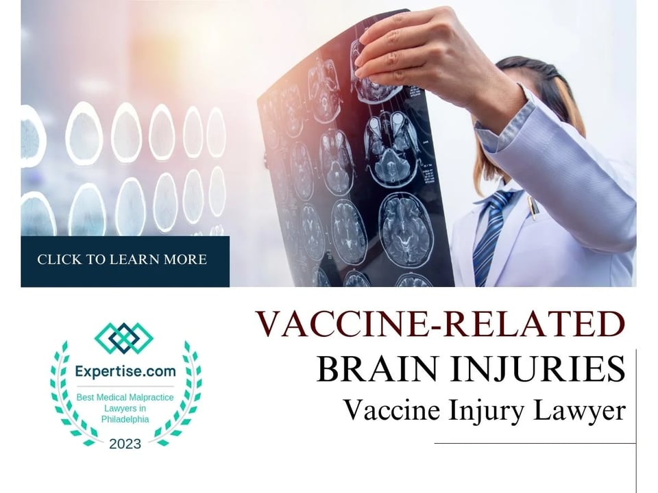 Blog featured image of a doctor examining a brain scan and a caption that says “Vaccine-Related Brain Injuries