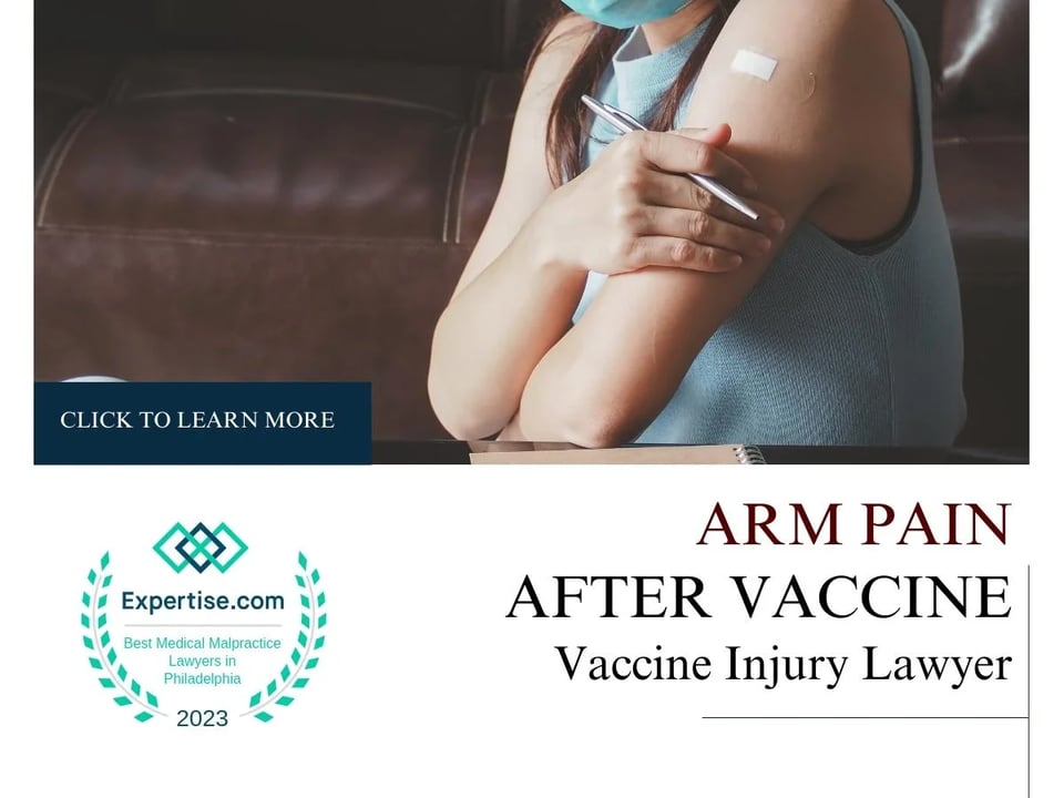 Blog featured image of a woman holding a pen with a bandaid on her shoulder and a caption that says “arm pain after vaccination