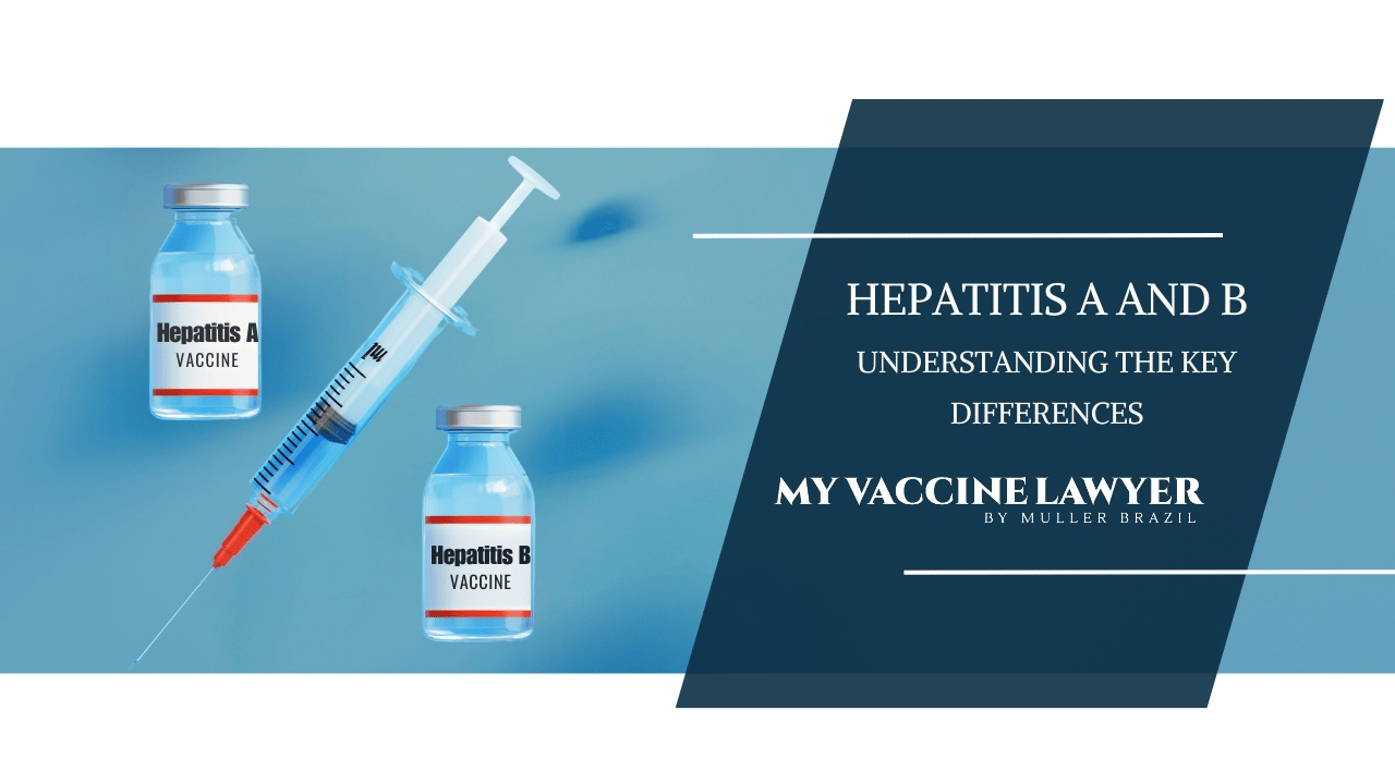The image features two vaccine vials labeled 'Hepatitis A Vaccine' and 'Hepatitis B Vaccine' with a syringe positioned between them on a blue background. A dark blue overlay to the right contains the text 