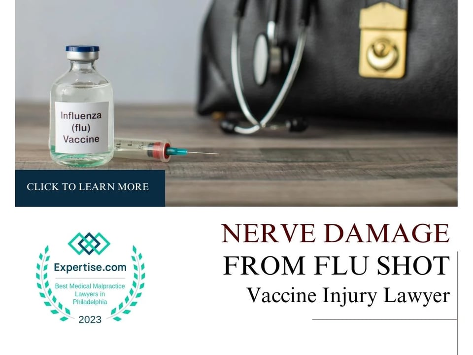 Blog featured image of a vial and a syringe with a black bag in the back and a caption that says “nerve damage from flu shot