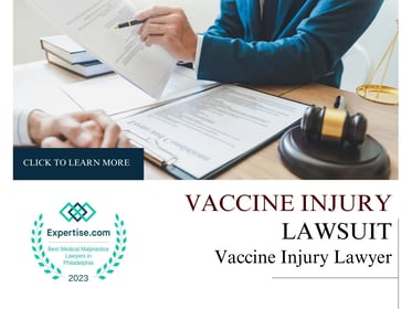 Blog featured image of a man in a suit with a gavel and a caption that says “Vaccine injury lawsuit